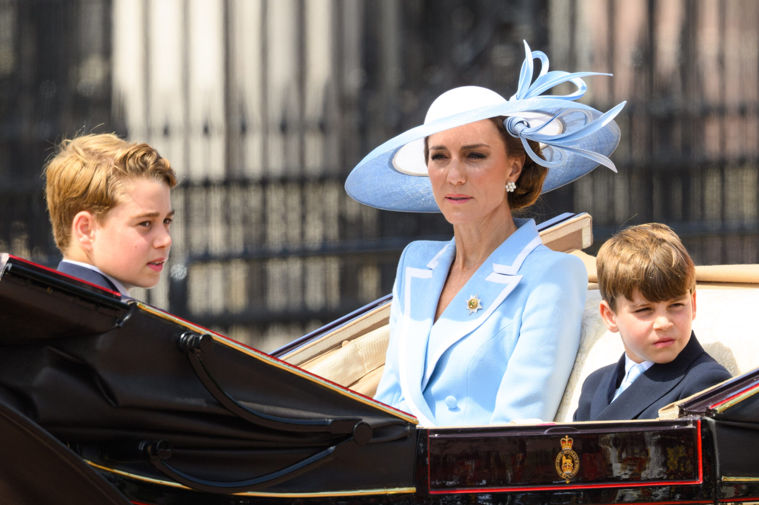 Prince George, Princess Kate Middleton and Prince Louis in a carriage during Trooping the Colour