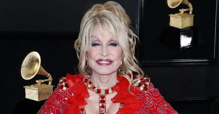 Dolly Parton in red dress at event