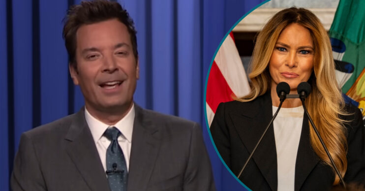 Composite of Jimmy Fallon on his show and Melania Trump speaking into microphone
