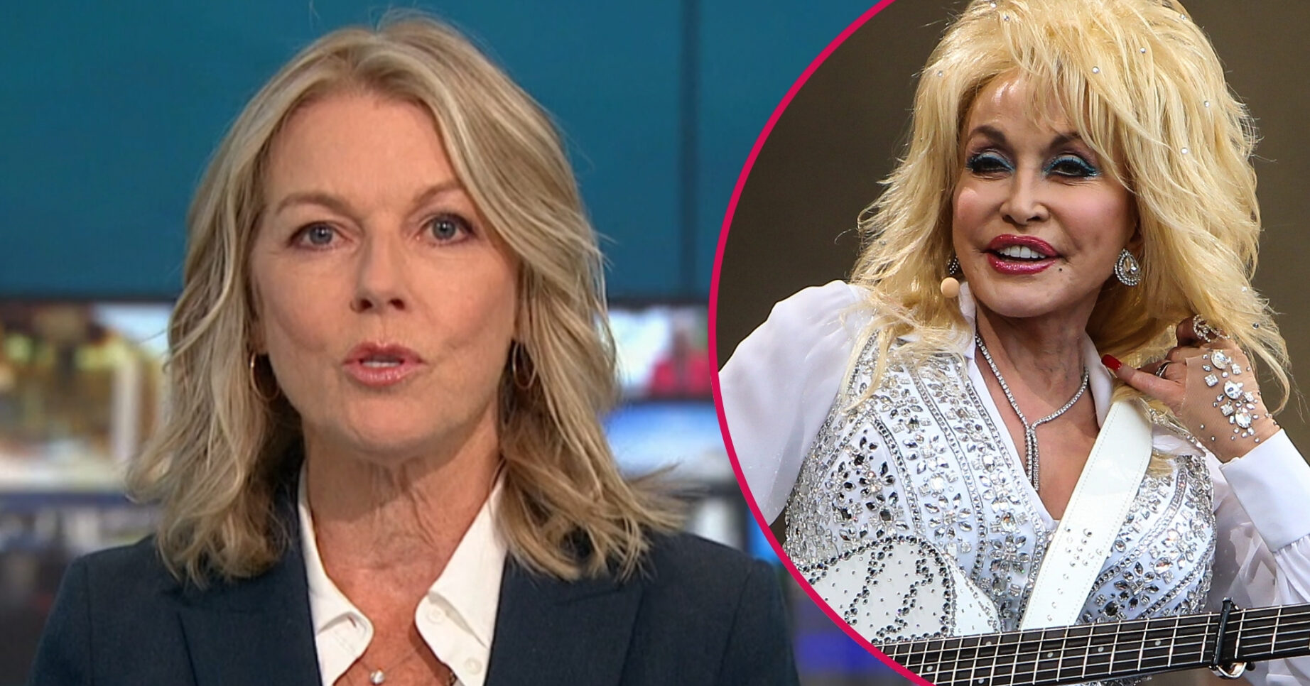 ED composite of Mary Nightingale on ITV News and Dolly Parton on stage in white outfit
