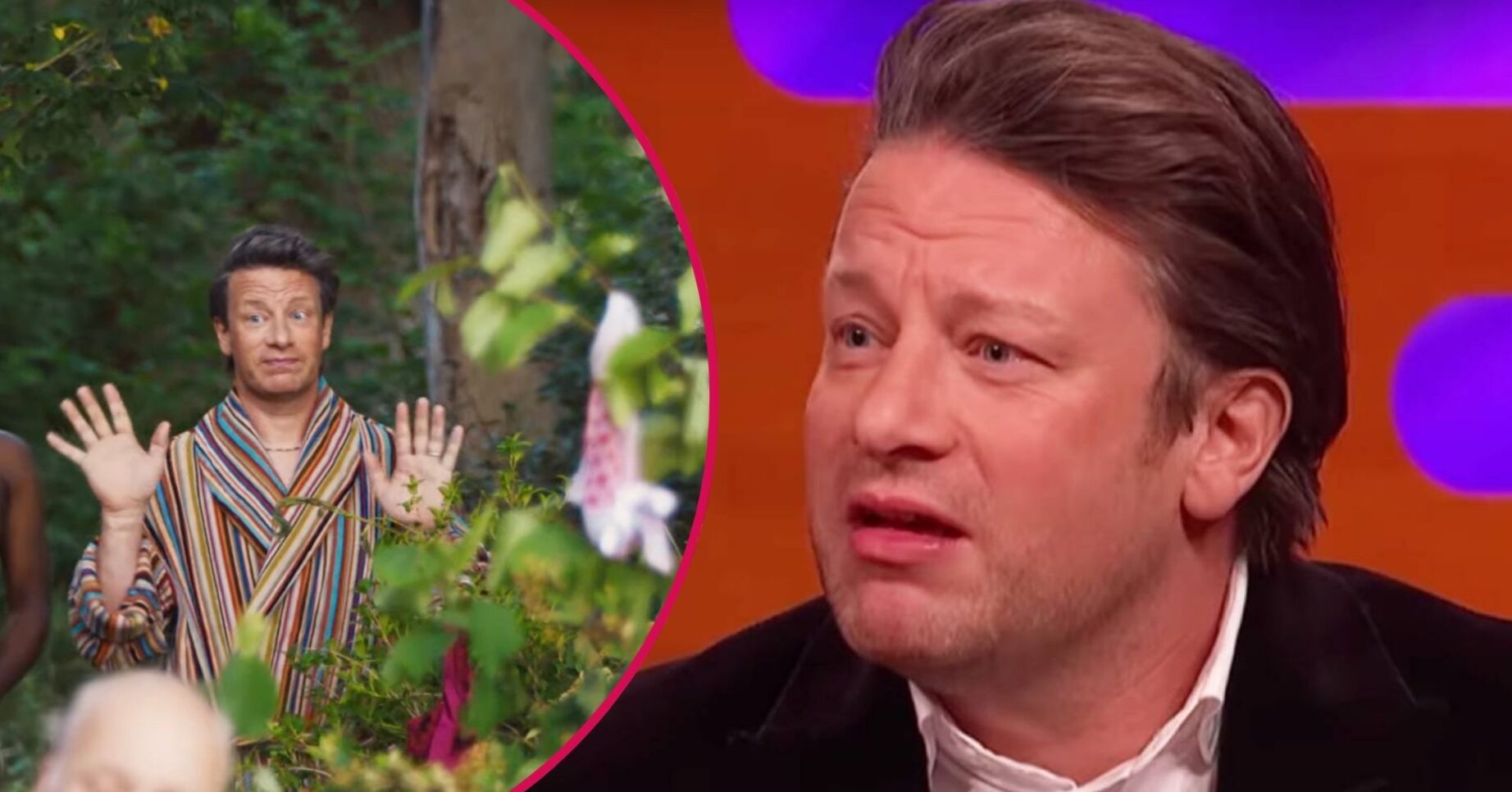 Jamie Oliver in the woods in a robe/Jamie Oliver on Graham Norton