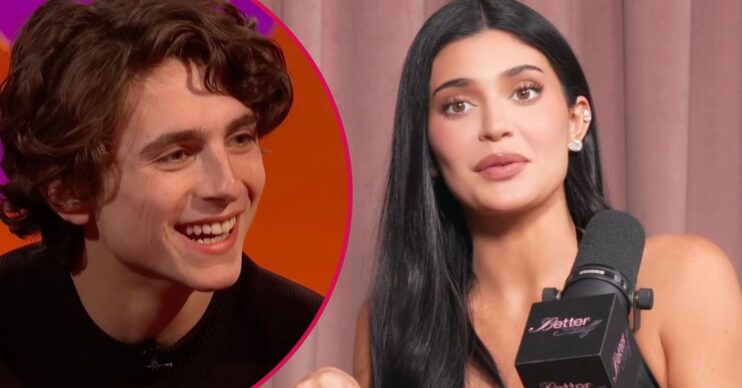 Timothee Chalamet smiling / Kylie Jenner talking