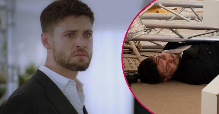 Joe Tate upset in Emmerdale / Joe caught in explosion