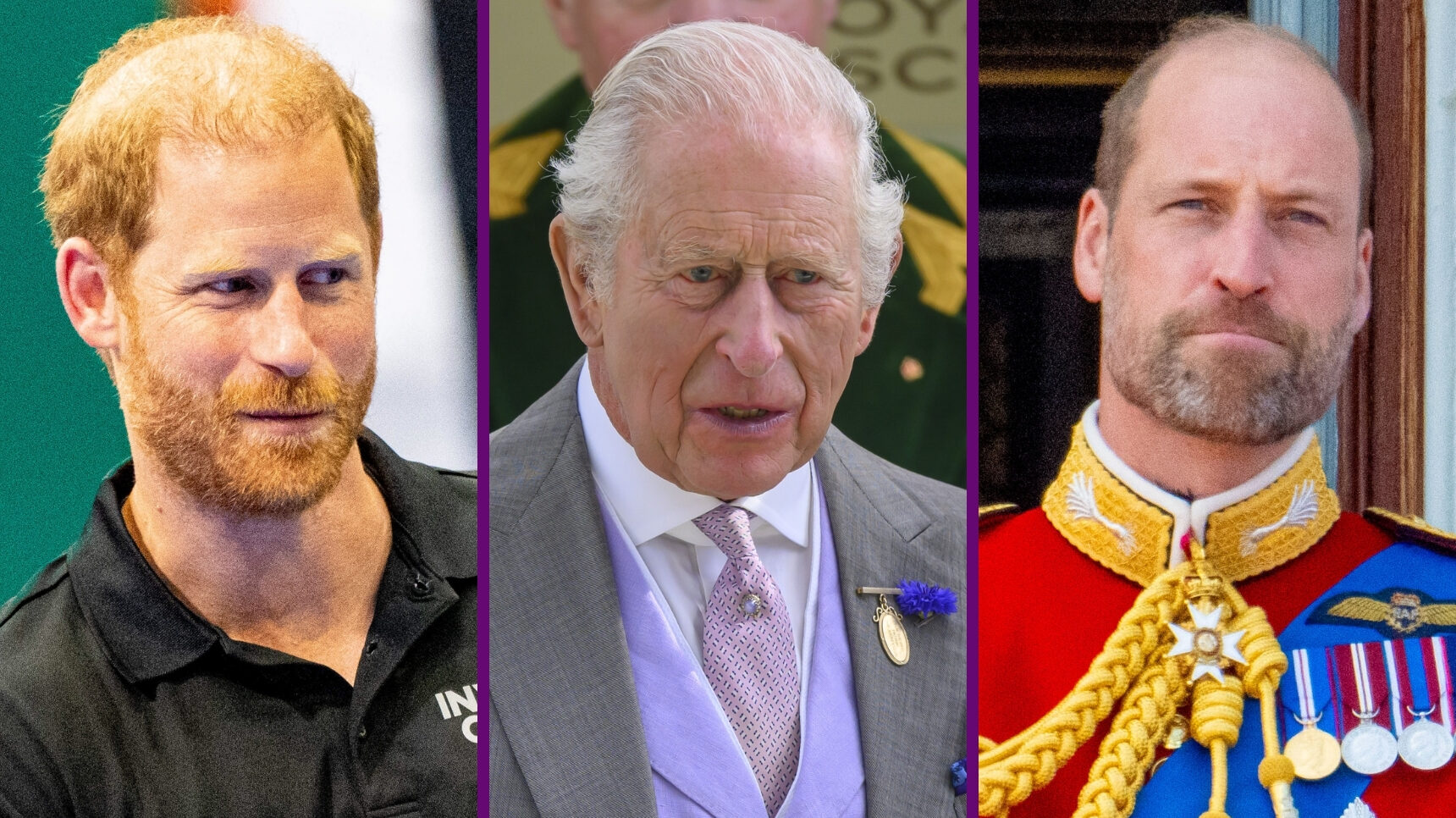 RI composite of Prince Harry at Invictus Games, King Charles at Ascot and Prince William at Trooping the Colour