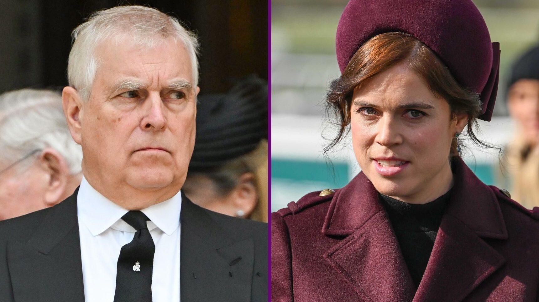 Prince Andrew frowning beside Princess Eugenie with a serious expression