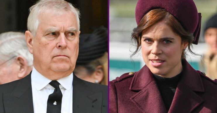 Prince Andrew frowning beside Princess Eugenie with a serious expression