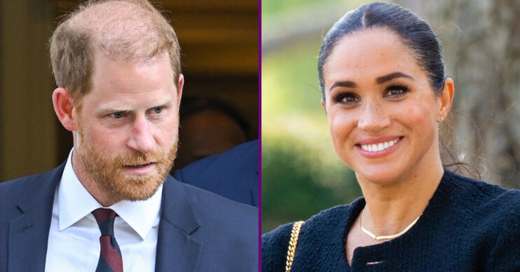 RI composite of Prince Harry in suit and Meghan Markle smiling