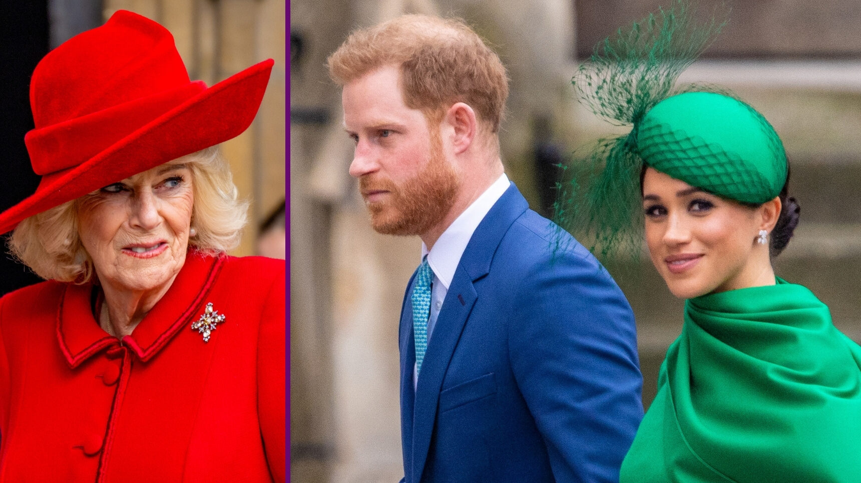 RI composite of Queen Camilla in red outfit and Prince Harry and Meghan Markle at royal service