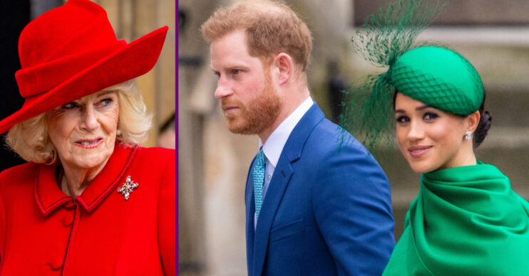 RI composite of Queen Camilla in red outfit and Prince Harry and Meghan Markle at royal service