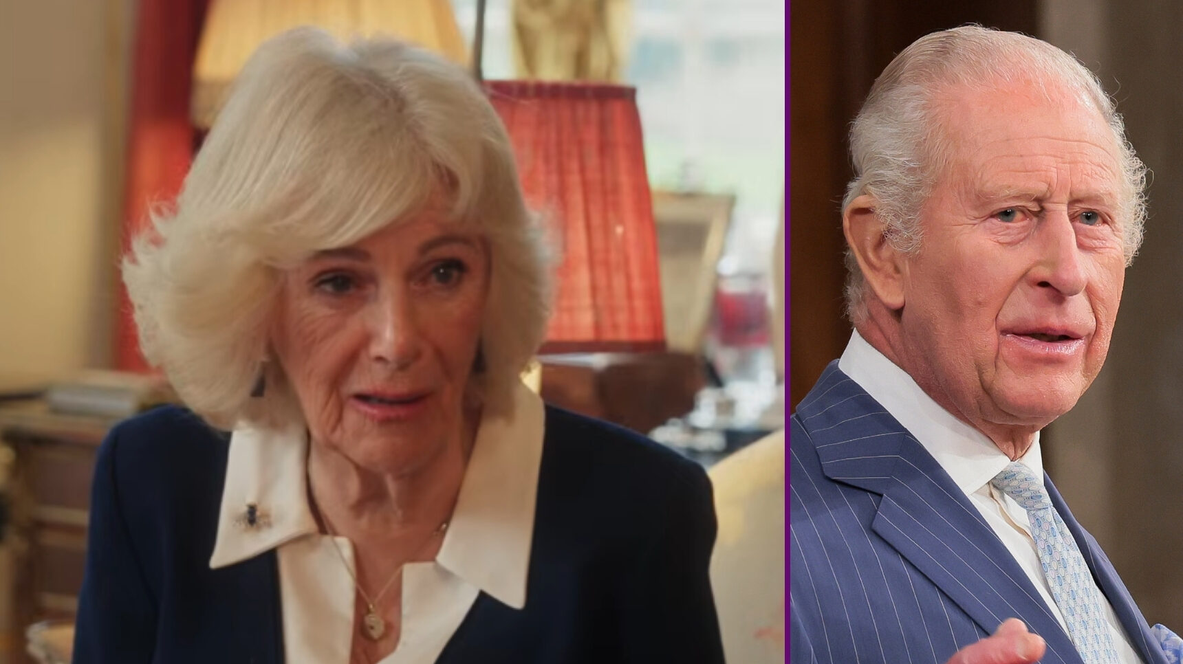 RI composite of Queen Camilla in YouTube clip and King Charles in suit