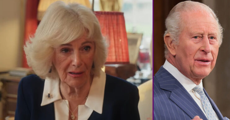 RI composite of Queen Camilla in YouTube clip and King Charles in suit