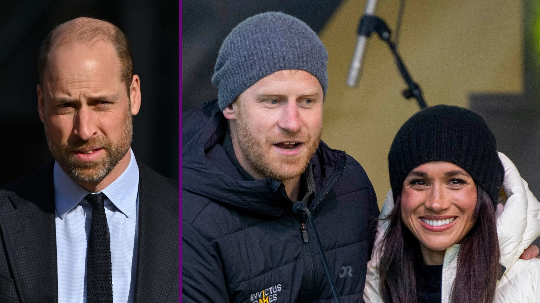 Prince William in suit and Prince Harry and Meghan Markle talking at Invictus Games