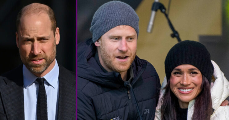 Prince William in suit and Prince Harry and Meghan Markle talking at Invictus Games