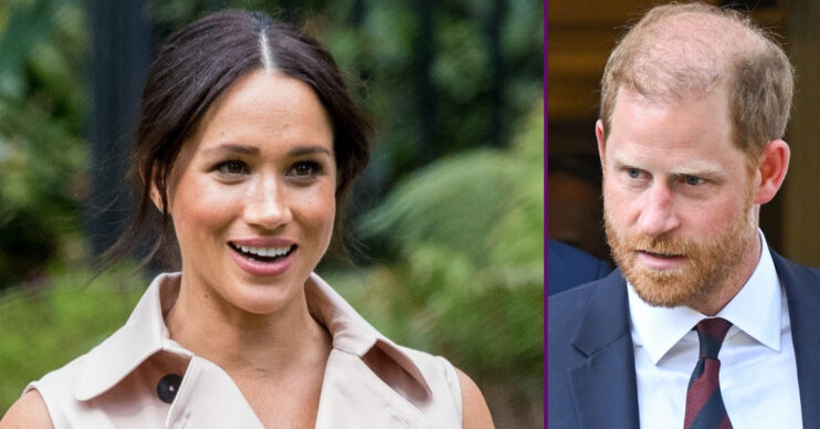 RI composite of Meghan Markle smiling and Prince Harry looking concerned in suit