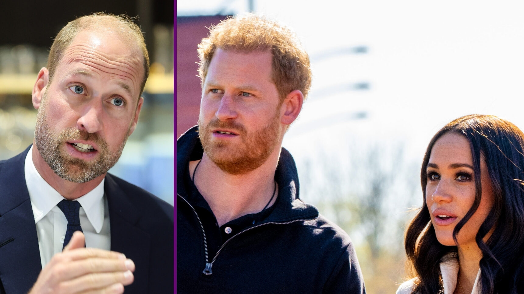 RI composite of Prince William looking serious and Prince Harry and Meghan Markle at the Invictus Games
