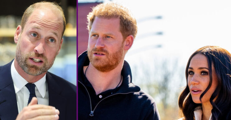 RI composite of Prince William looking serious and Prince Harry and Meghan Markle at the Invictus Games
