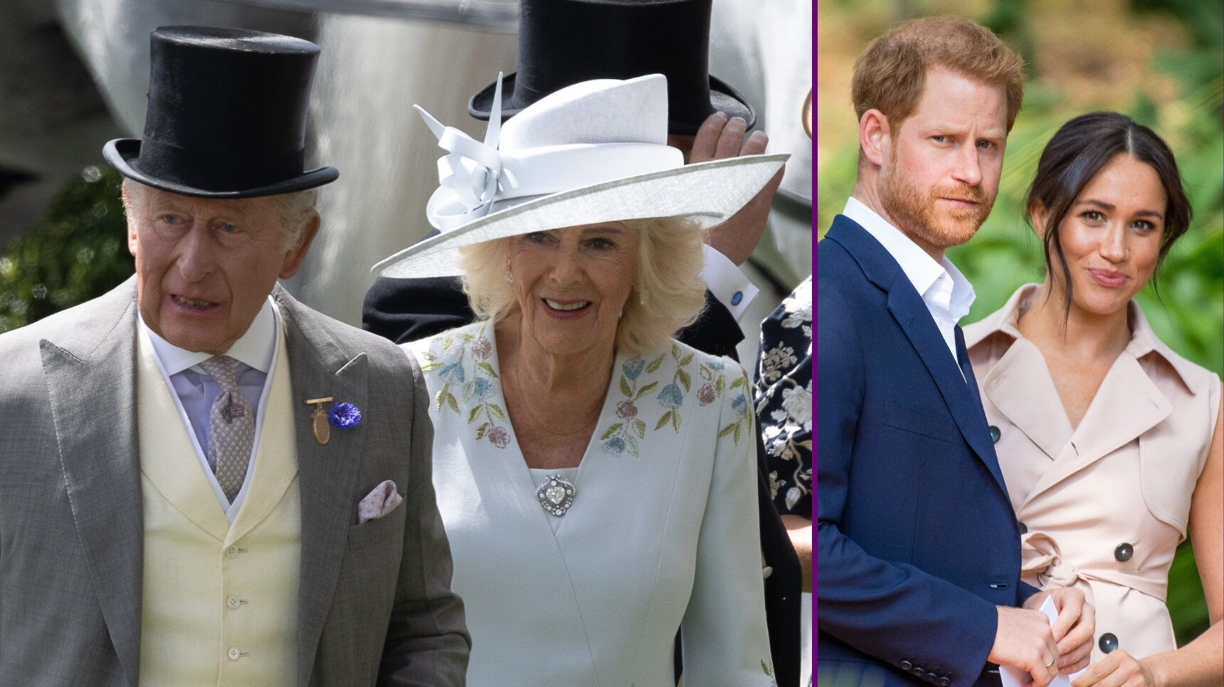 RI composite of King Charles and Queen Camilla at Royal Ascot and Prince Harry and Meghan Markle looking at camera
