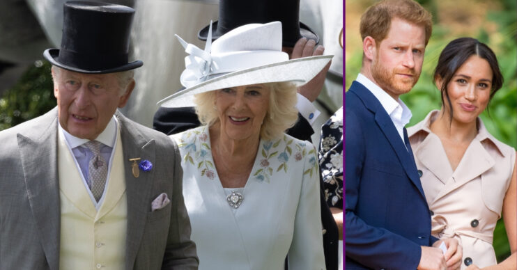 RI composite of King Charles and Queen Camilla at Royal Ascot and Prince Harry and Meghan Markle looking at camera