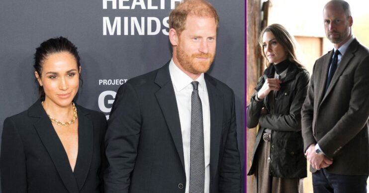 Prince Harry and Meghan alongside a picture of Prince William and Princess Kate