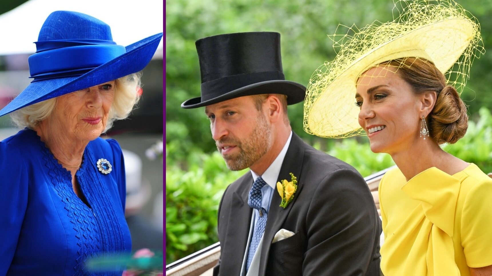 Queen Camilla in a blue ouftit and hat / Prince William in a suit and top hat and Kate Middleton in a yellow outfit and hat