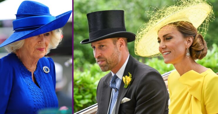 Queen Camilla in a blue ouftit and hat / Prince William in a suit and top hat and Kate Middleton in a yellow outfit and hat