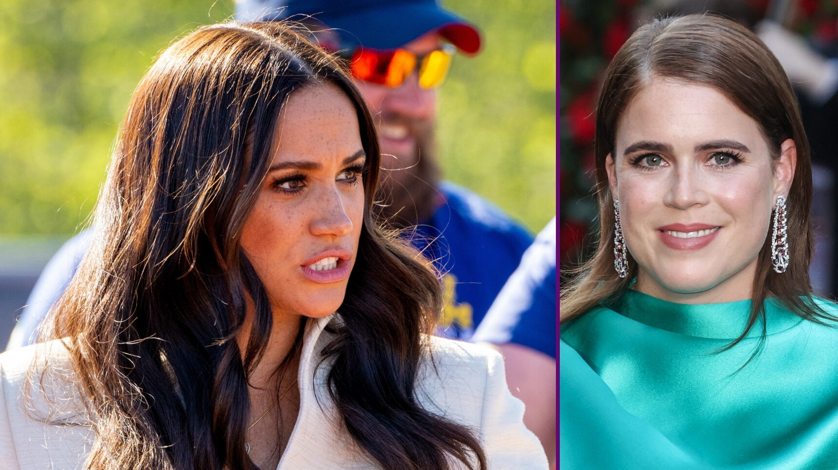 RI composite of Meghan Markle looking serious and Princess Eugenie smiling in green dress