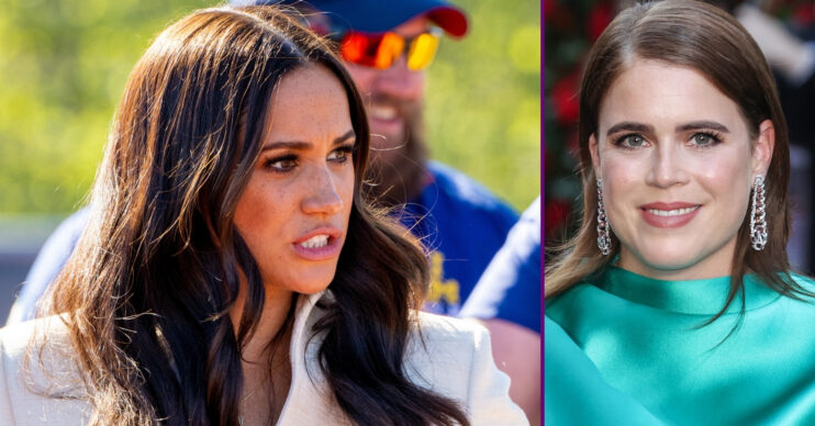 RI composite of Meghan Markle looking serious and Princess Eugenie smiling in green dress