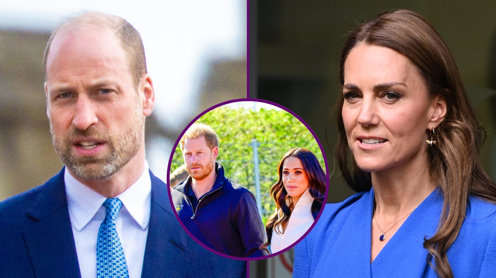 RI composite of Prince William in suit, Princess Kate in blue and Harry and Meghan looking concerned