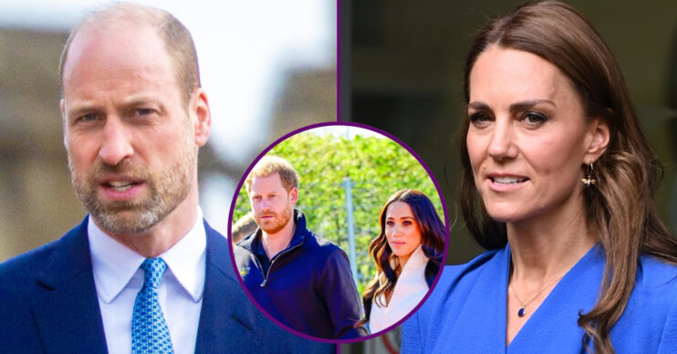 RI composite of Prince William in suit, Princess Kate in blue and Harry and Meghan looking concerned