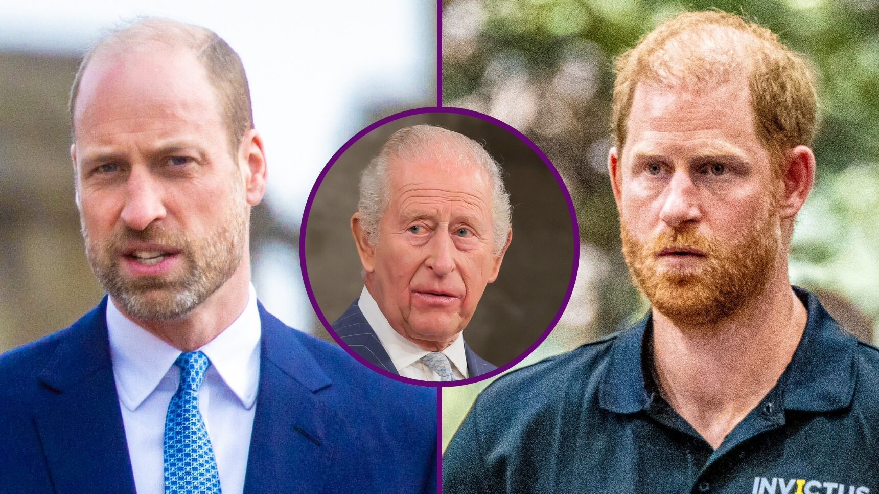 RI composite of Prince William, King Charles and Prince Harry at different events