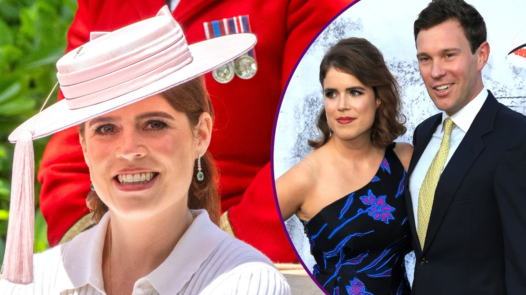 RI composite of Princess Eugenie smiling at Ascot and with husband Jack Brooksbank