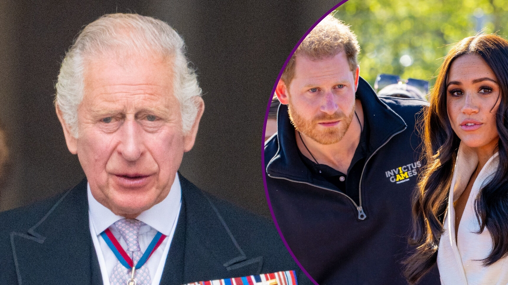 RI composite of King Charles in suit and Harry and Meghan looking worried