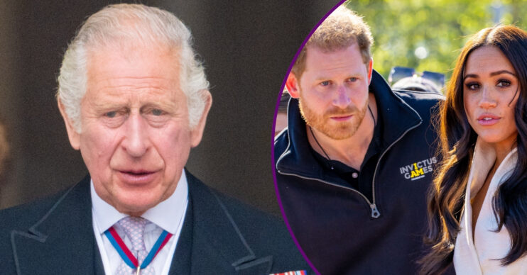 RI composite of King Charles in suit and Harry and Meghan looking worried