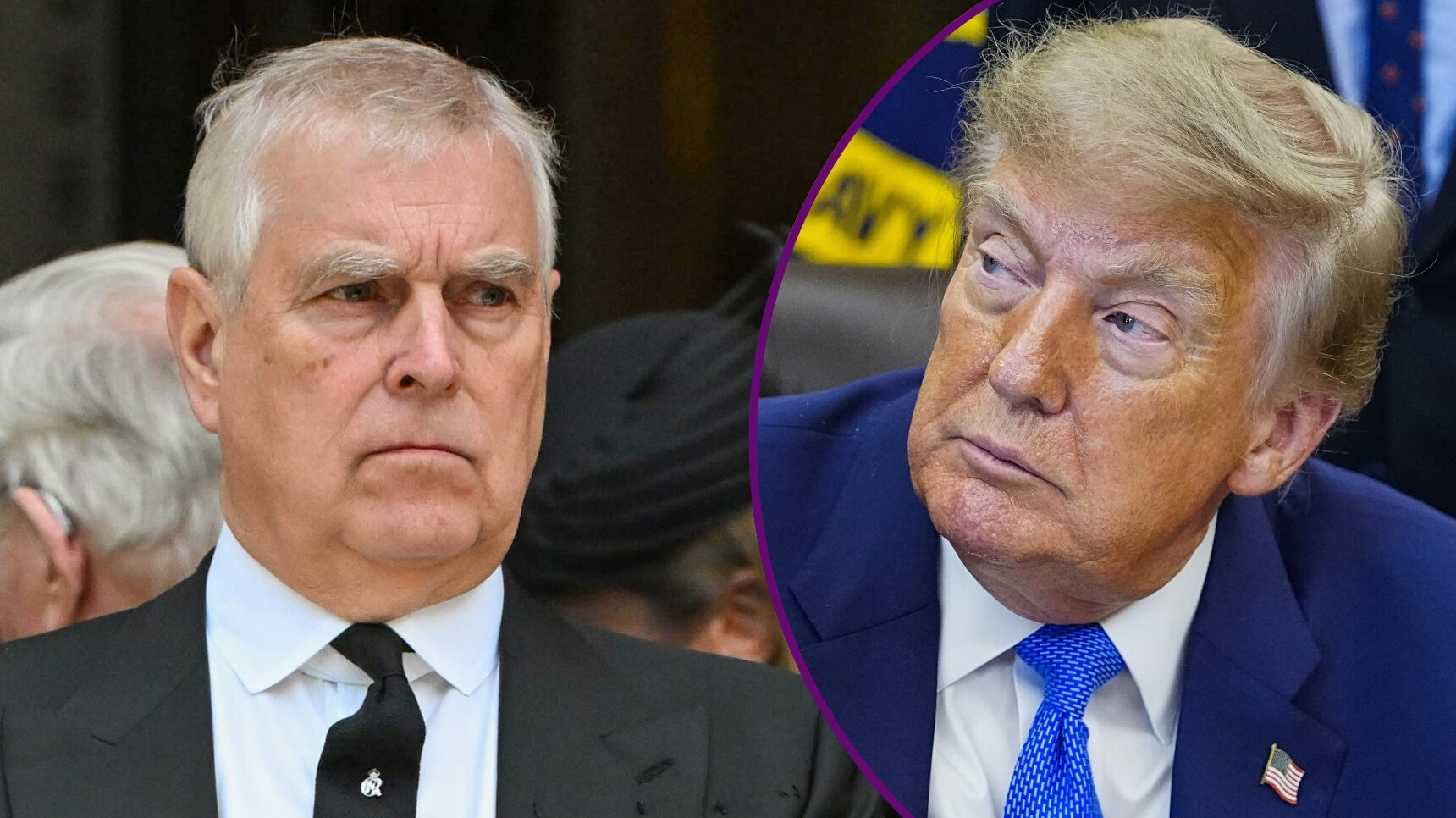 RI composite of Andrew Mountbatten-Windsor at Duchess of Kent's funeral and Donald Trump in navy suit