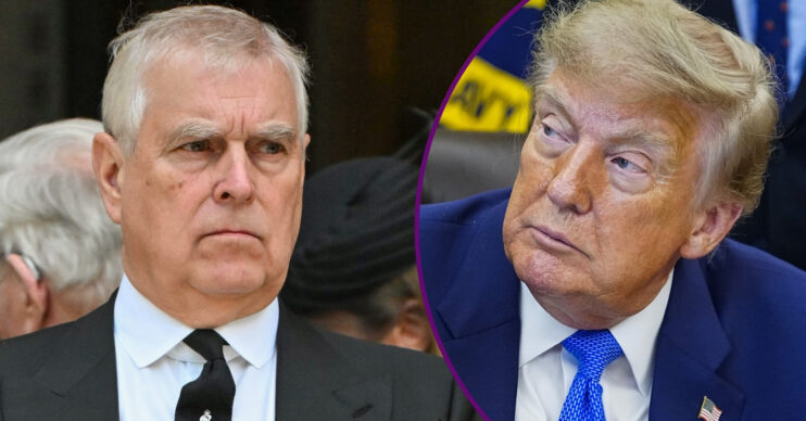 RI composite of Andrew Mountbatten-Windsor at Duchess of Kent's funeral and Donald Trump in navy suit