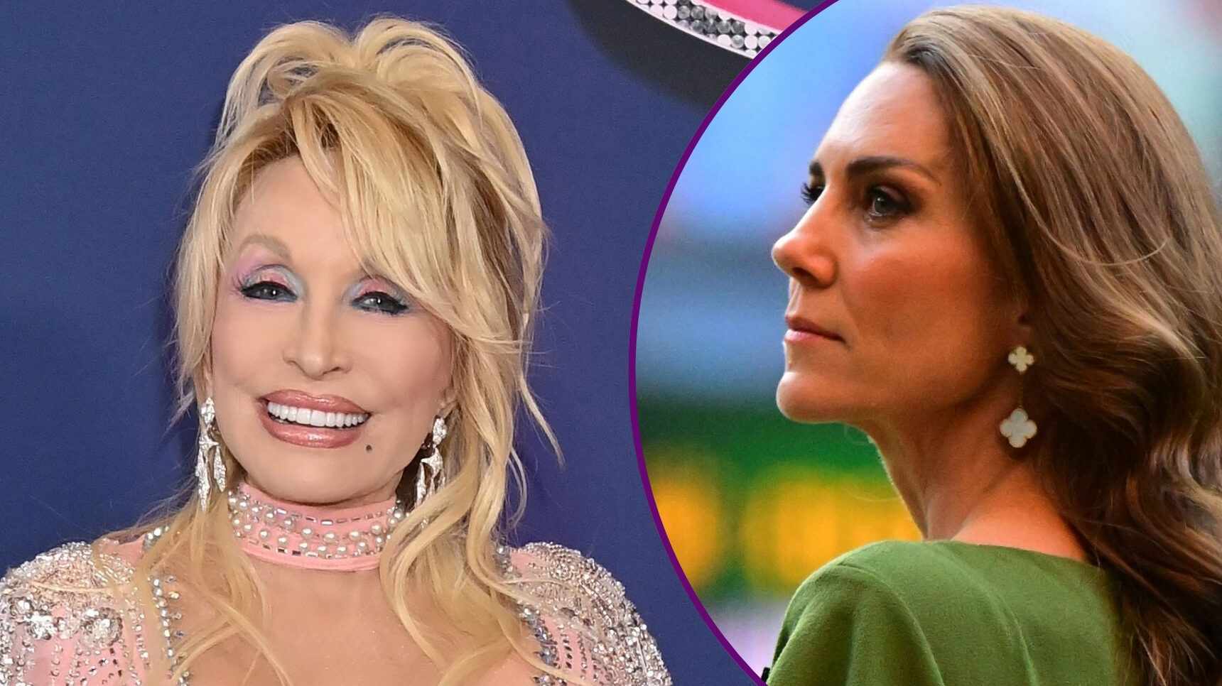 RI composite of Dolly Parton smiling in pink and Princess Kate at Wimbledon