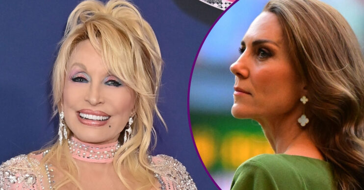 RI composite of Dolly Parton smiling in pink and Princess Kate at Wimbledon
