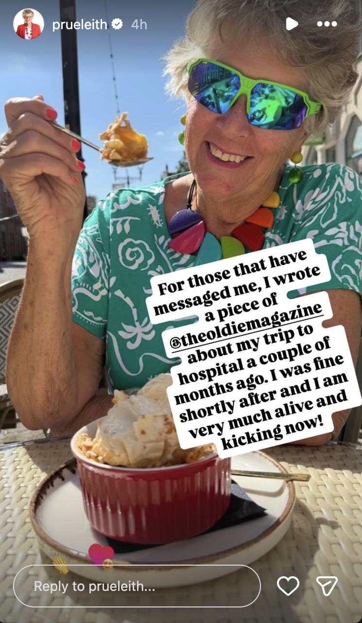 Prue Leith on her Instagram story