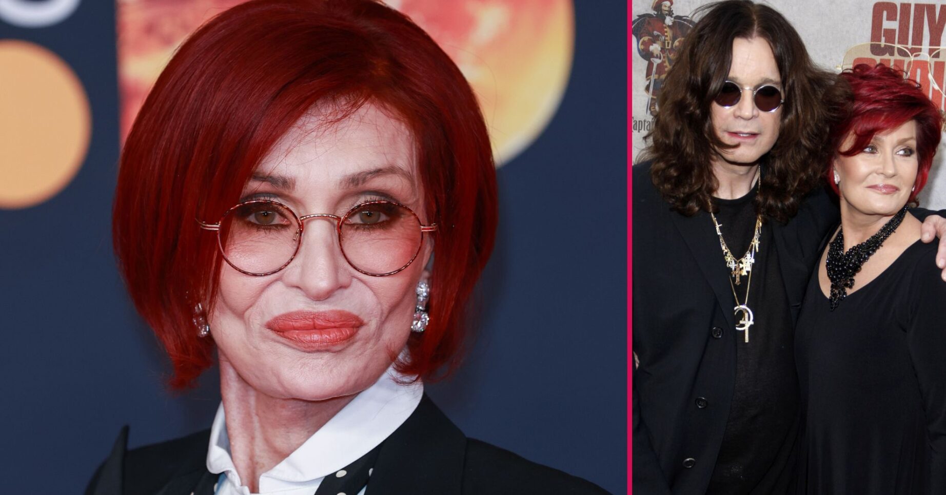 Sharon Osbourne smiling beside a snap of her and Ozzy Osbourne