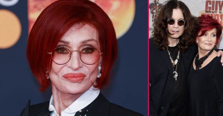 Sharon Osbourne smiling beside a snap of her and Ozzy Osbourne