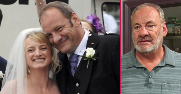 Jimmy and Nicola in Emmerdale smile on their wedding day/Jimmy looks worried (Credit: ITV/Shutterstock)