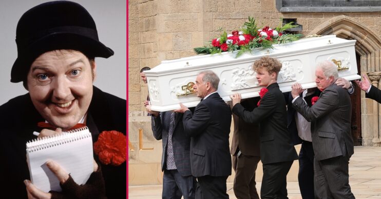 Jimmy Cricket in comedy photo and his coffin at funeral