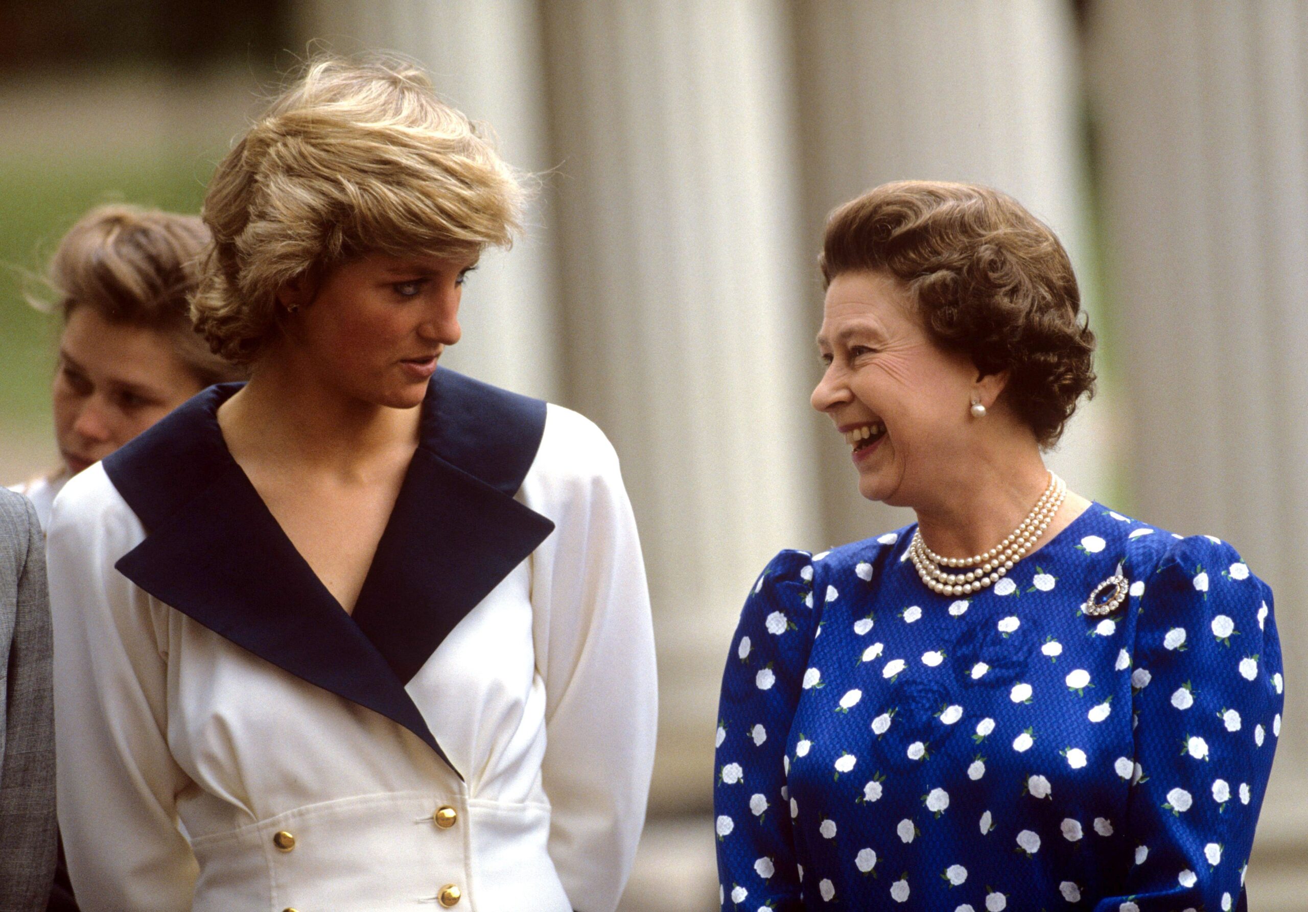 Princess Diana laughing with Queen Elizabeth II