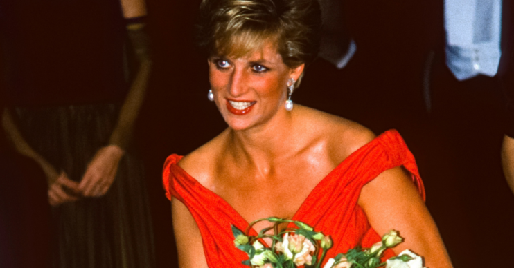Princess Diana wears red dress and carries bouquet of roses