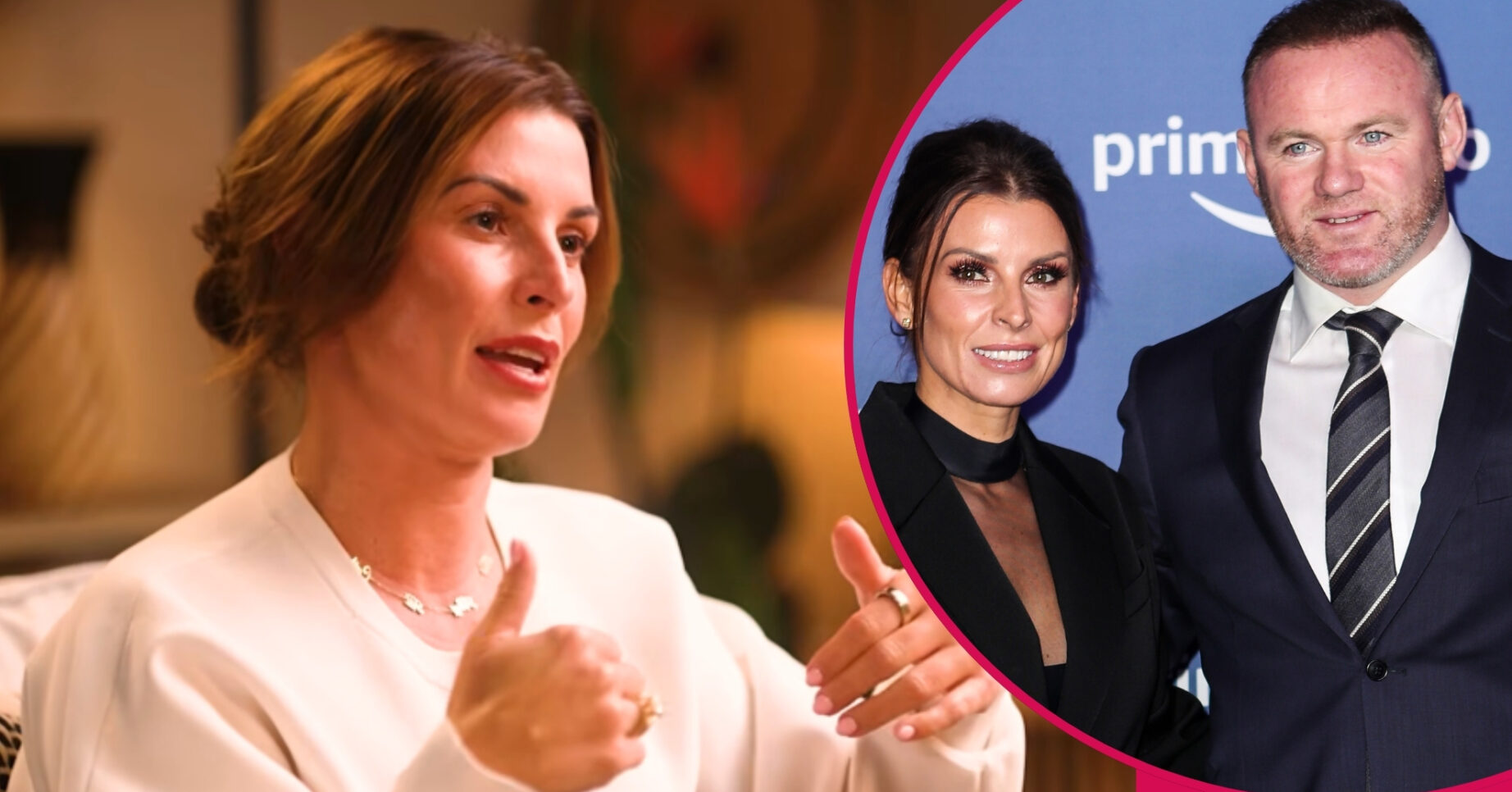 ED composite of Coleen Rooney talking and smiling at event with Wayne