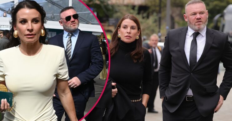 Coleen Rooney walking with husband Wayne in the background/Coleen and Wayne Rooney walking together