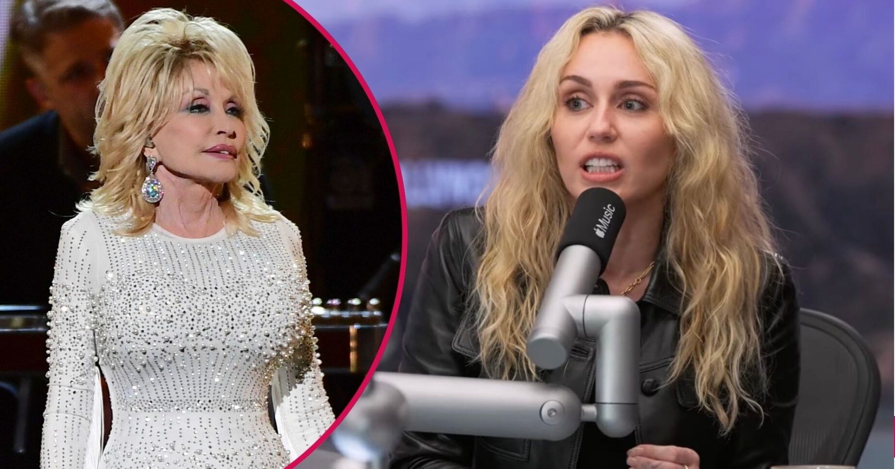 Dolly Parton on stage/Miley Cyrus talking to Zane Lowe