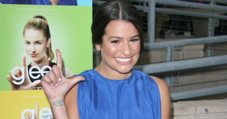 Lea Michele blue dress Loser sign