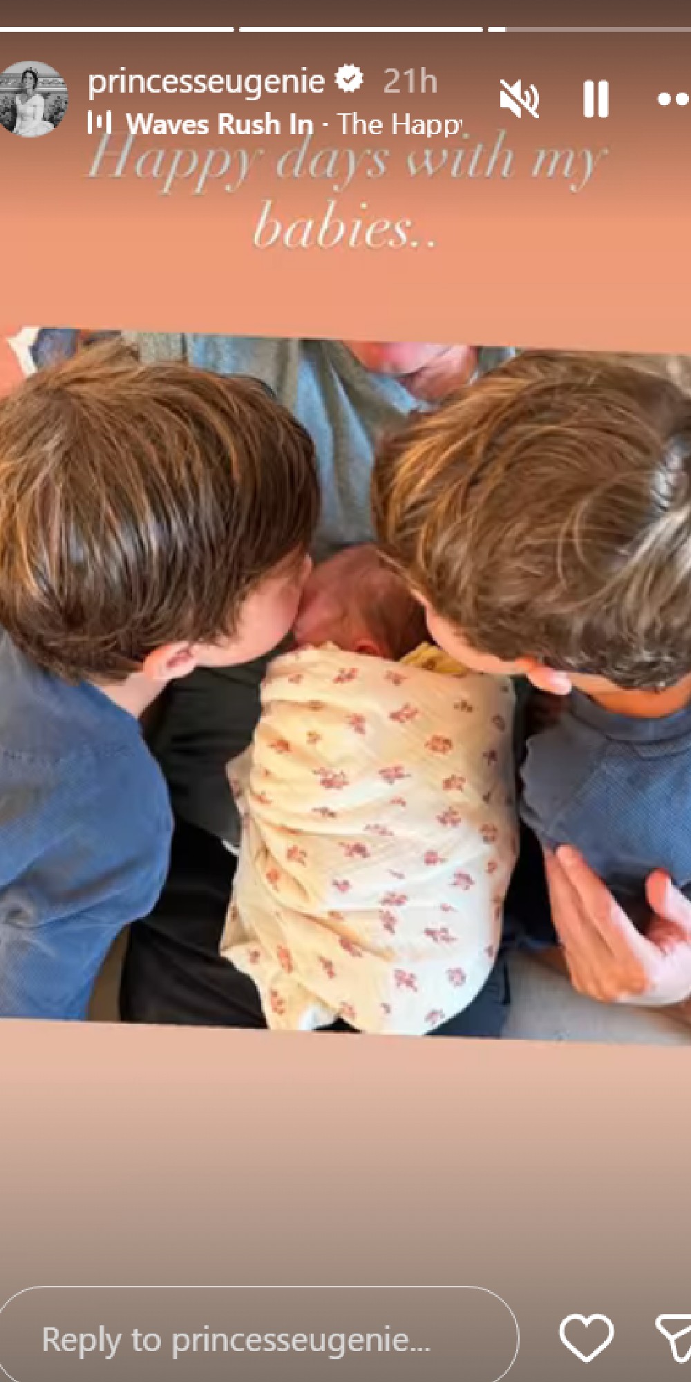 Princess Eugenie's sons kissing baby sister