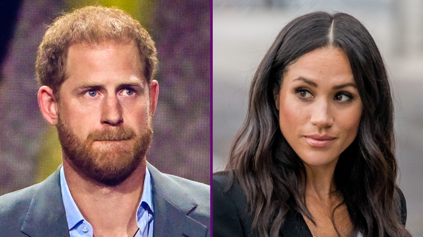 RI composite of Prince Harry biting his lip and Meghan Markle looking to the side